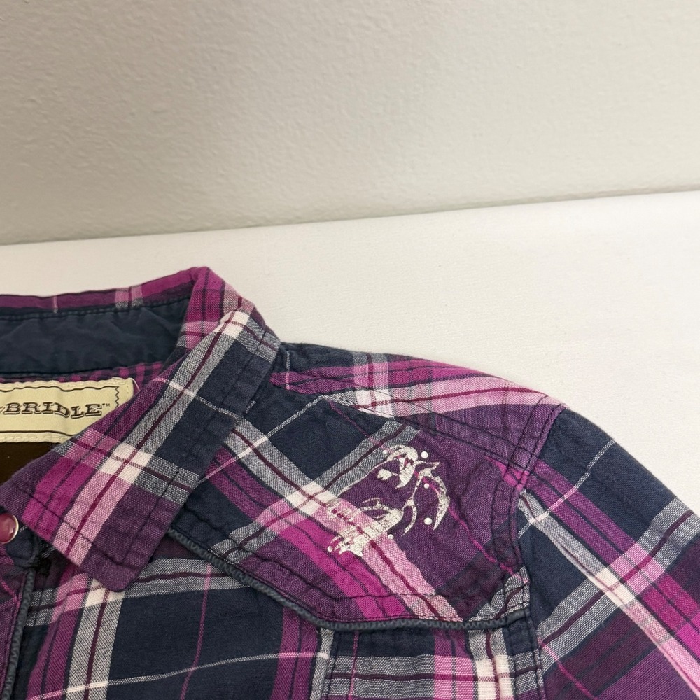 Bit & Bridle Womens Purple Plaid Western Snap Shirt Horse Embroidery Medium - Picture 6 of 8